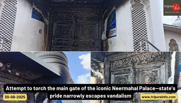 Attempt to torch the main gate of the iconic Neermahal Palace—state’s pride narrowly escapes vandalism