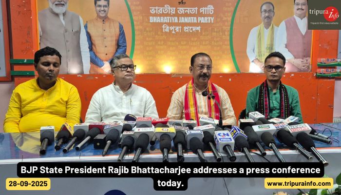 BJP State President Rajib Bhattacharjee addresses a press conference today.