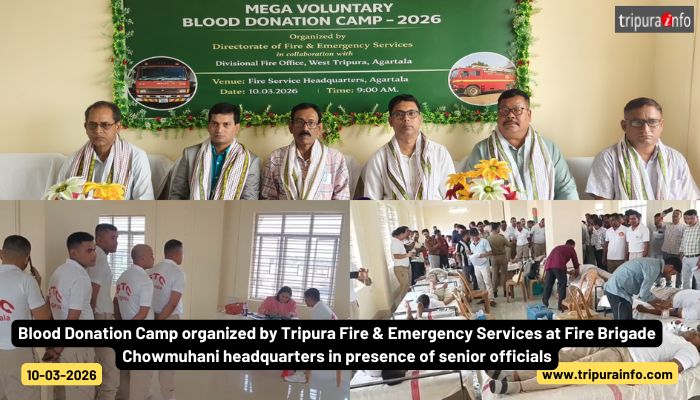 Blood Donation Camp organized by Tripura Fire & Emergency Services at Fire Brigade Chowmuhani headquarters in presence of senior officials.