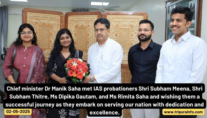 Chief minister Dr Manik Saha met IAS probationers Shri Subham Meena, Shri Subham Thitre, Ms Dipika Gautam, and Ms Rimita Saha and wishing them a successful journey as they embark on serving our nation with dedication and excellence.
