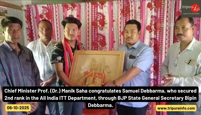 Chief Minister Prof. (Dr.) Manik Saha congratulates Samuel Debbarma, who secured 2nd rank in the All India ITT Department, through BJP State General Secretary Bipin Debbarma.