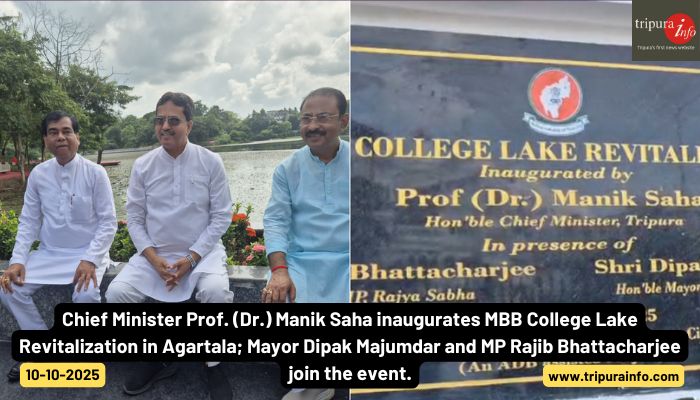 Chief Minister Prof. (Dr.) Manik Saha inaugurates MBB College Lake Revitalization in Agartala; Mayor Dipak Majumdar and MP Rajib Bhattacharjee join the event.