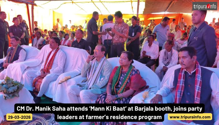 CM Dr. Manik Saha attends ‘Mann Ki Baat’ at Barjala booth, joins party leaders at farmer’s residence program.