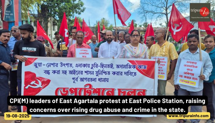 CPI(M) leaders of East Agartala protest at East Police Station, raising concerns over rising drug abuse and crime in the state.
