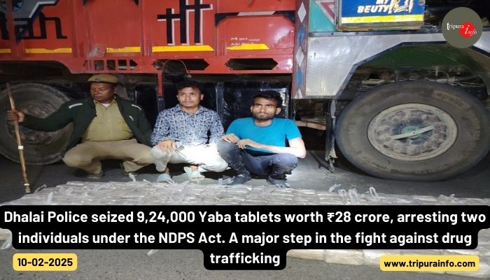 Dhalai Police seized 9,24,000 Yaba tablets worth ₹28 crore, arresting two individuals under the NDPS Act. A major step in the fight against drug trafficking