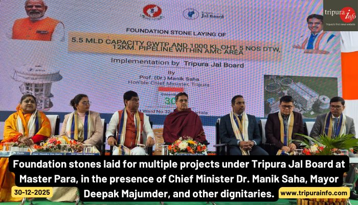 Foundation stones laid for multiple projects under Tripura Jal Board at Master Para, in the presence of Chief Minister Dr. Manik Saha, Mayor Deepak Majumder, and other dignitaries.