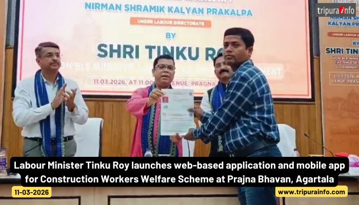 Labour Minister Tinku Roy launches web-based application and mobile app for Construction Workers Welfare Scheme at Prajna Bhavan, Agartala.