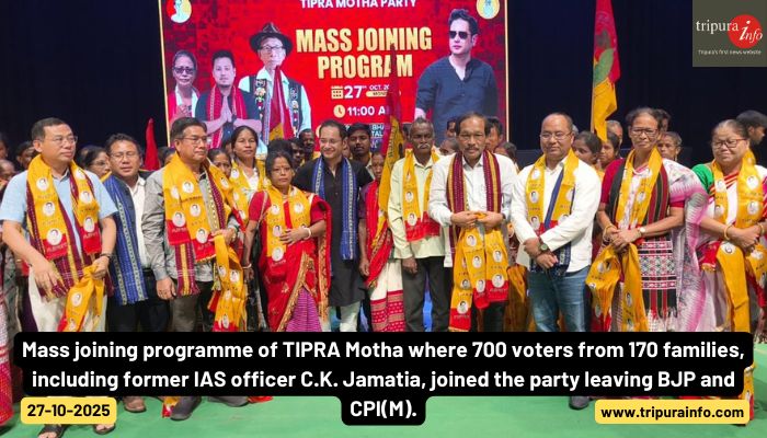 Mass joining programme of TIPRA Motha where 700 voters from 170 families, including former IAS officer C.K. Jamatia, joined the party leaving BJP and CPI(M).