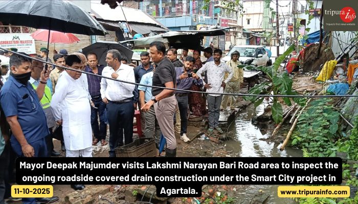 Mayor Deepak Majumder visits Lakshmi Narayan Bari Road area to inspect the ongoing roadside covered drain construction under the Smart City project in Agartala.