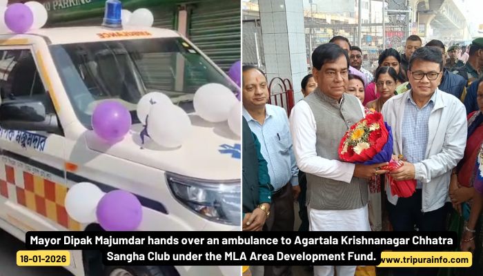 Mayor Dipak Majumdar hands over an ambulance to Agartala Krishnanagar Chhatra Sangha Club under the MLA Area Development Fund.