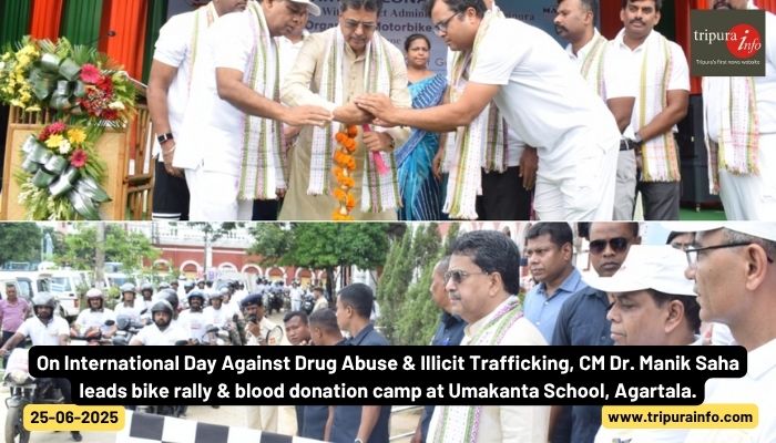 On International Day Against Drug Abuse & Illicit Trafficking, CM Dr. Manik Saha leads bike rally & blood donation camp at Umakanta School, Agartala.