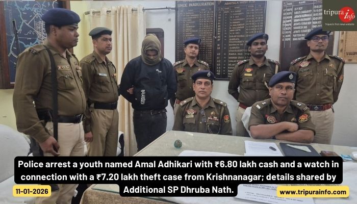 Police arrest a youth named Amal Adhikari with ₹6.80 lakh cash and a watch in connection with a ₹7.20 lakh theft case from Krishnanagar; details shared by Additional SP Dhruba Nath.
