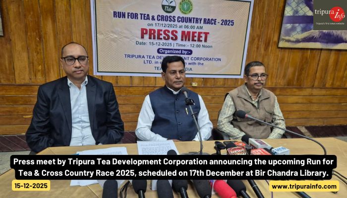 Press meet by Tripura Tea Development Corporation announcing the upcoming Run for Tea & Cross Country Race 2025, scheduled on 17th December at Bir Chandra Library.