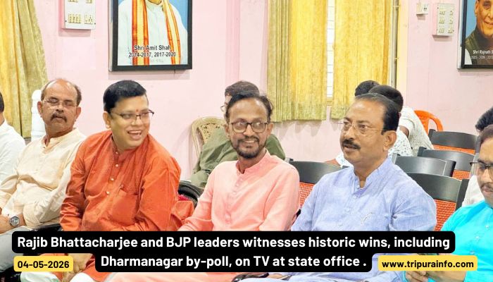 Rajib Bhattacharjee and BJP leaders witnesses historic wins, including Dharmanagar by-poll, on TV at state office .