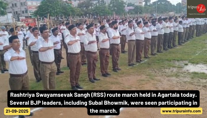 Rashtriya Swayamsevak Sangh (RSS) route march held in Agartala today. Several BJP leaders, including Subal Bhowmik, were seen participating in the march.