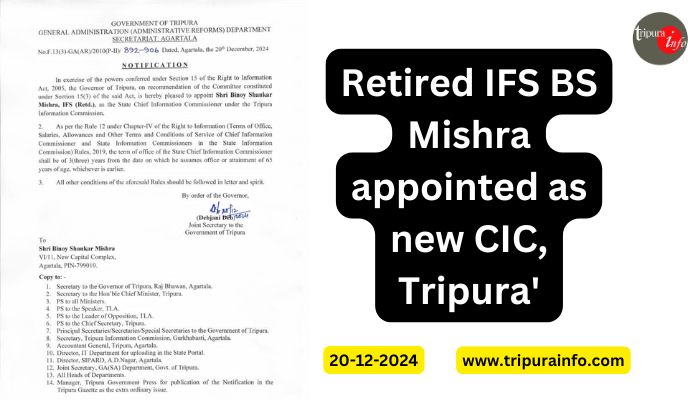 Retired IFS BS Mishra appointed as new CIC, Tripura