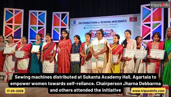 Sewing machines distributed at Sukanta Academy Hall, Agartala to empower women towards self-reliance. Chairperson Jharna Debbarma and others attended the initiative.