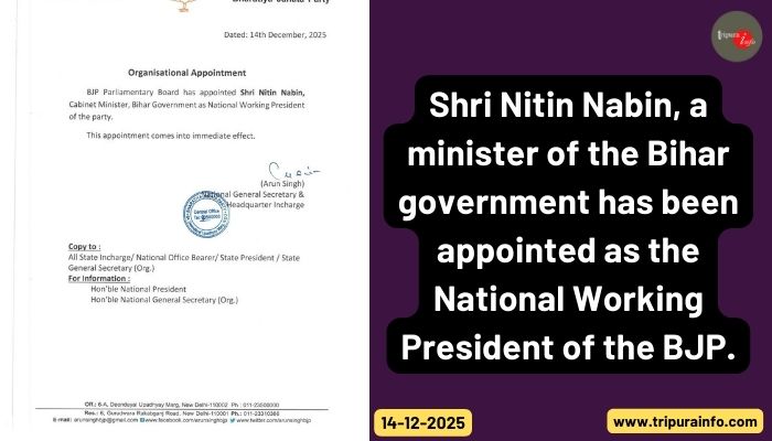 Shri Nitin Nabin, a minister of the Bihar government has been appointed as the National Working President of the BJP.