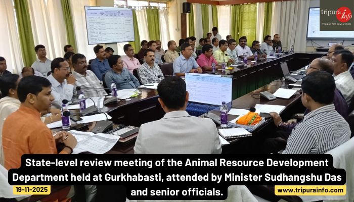 State-level review meeting of the Animal Resource Development Department held at Gurkhabasti, attended by Minister Sudhangshu Das and senior officials.