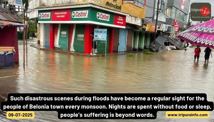Such disastrous scenes during floods have become a regular sight for the people of Belonia town every monsoon. Nights are spent without food or sleep,  people’s suffering is beyond words.