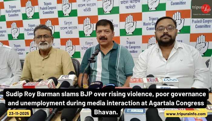 Sudip Roy Barman slams BJP over rising violence, poor governance and unemployment during media interaction at Agartala Congress Bhavan.