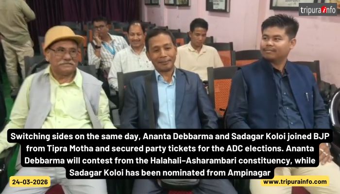 Switching sides on the same day, Ananta Debbarma and Sadagar Koloi joined BJP from Tipra Motha and secured party tickets for the ADC elections. Ananta Debbarma will contest from the Halahali–Asharambari constituency, while Sadagar Koloi has been nominated from Ampinagar.