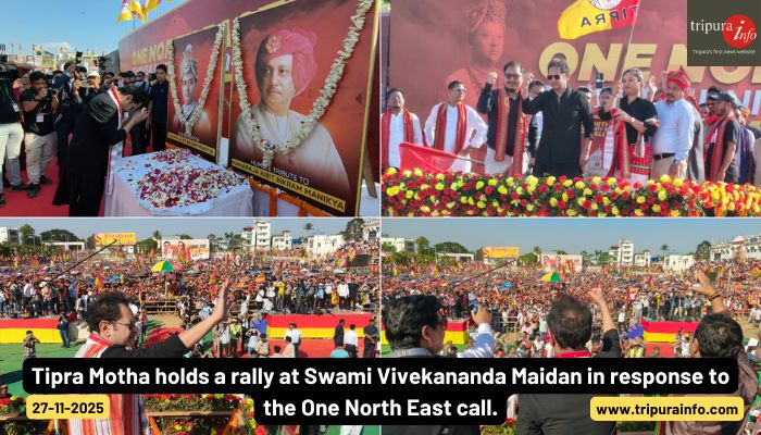 Tipra Motha holds a rally at Swami Vivekananda Maidan in response to the One North East call.