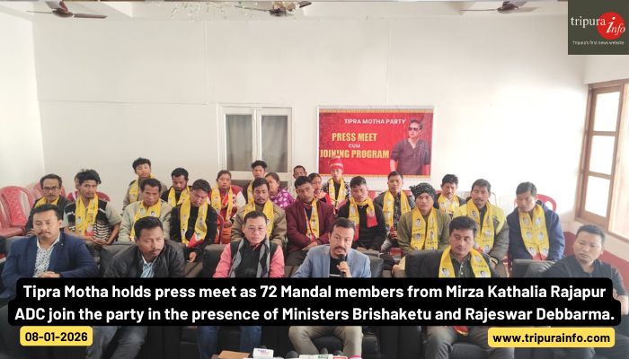 Tipra Motha holds press meet as 72 Mandal members from Mirza Kathalia Rajapur ADC join the party in the presence of Ministers Brishaketu and Rajeswar Debbarma.