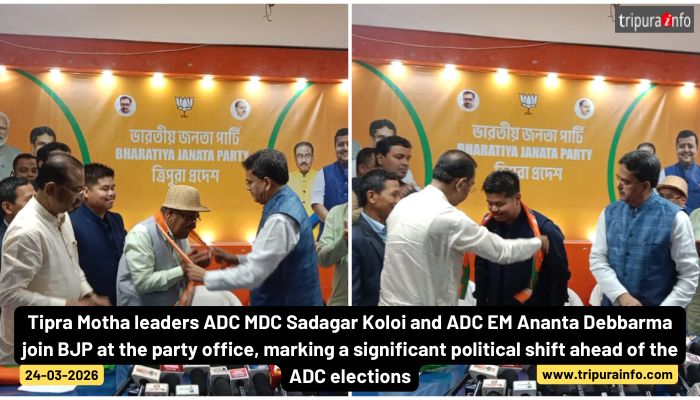 Tipra Motha leaders ADC MDC Sadagar Koloi and ADC EM Ananta Debbarma join BJP at the party office, marking a significant political shift ahead of the ADC elections.