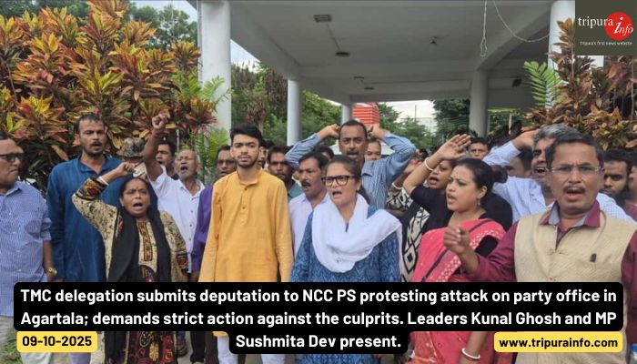 TMC delegation submits deputation to NCC PS protesting attack on party office in Agartala; demands strict action against the culprits. Leaders Kunal Ghosh and MP Sushmita Dev present.
