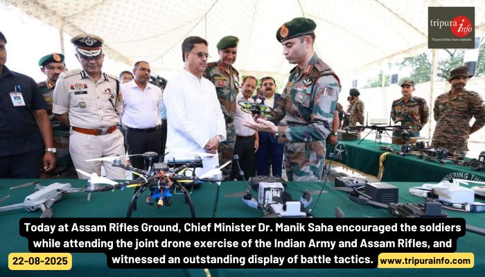 Today at Assam Rifles Ground, Chief Minister Dr. Manik Saha encouraged the soldiers while attending the joint drone exercise of the Indian Army and Assam Rifles, and witnessed an outstanding display of battle tactics.