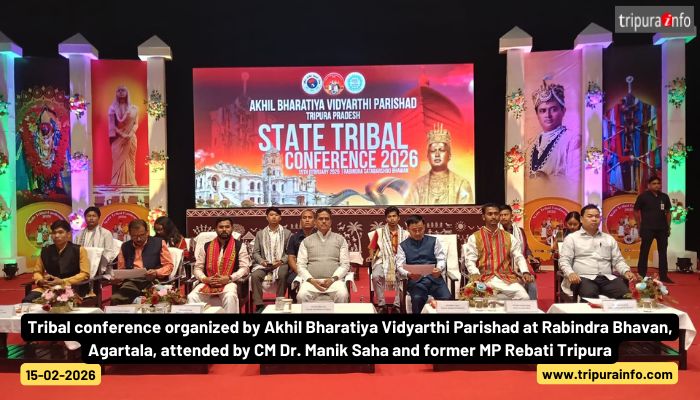Tribal conference organized by Akhil Bharatiya Vidyarthi Parishad at Rabindra Bhavan, Agartala, attended by CM Dr. Manik Saha and former MP Rebati Tripura.