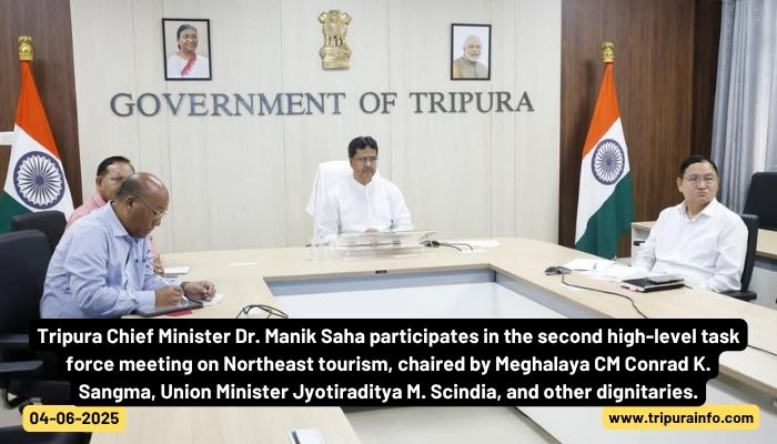 Tripura Chief Minister Dr. Manik Saha participates in the second high-level task force meeting on Northeast tourism, chaired by Meghalaya CM Conrad K. Sangma, Union Minister Jyotiraditya M. Scindia, and other dignitaries.