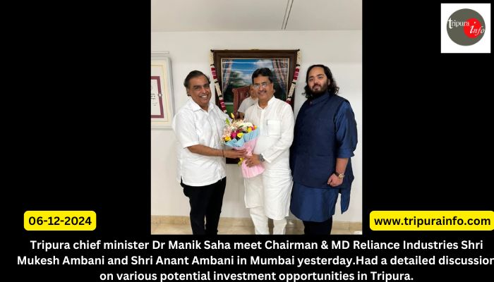 Tripura chief minister Dr Manik Saha meet Chairman & MD Reliance Industries Shri Mukesh Ambani and Shri Anant Ambani in Mumbai yesterday.Had a detailed discussion on various potential investment opportunities in Tripura.