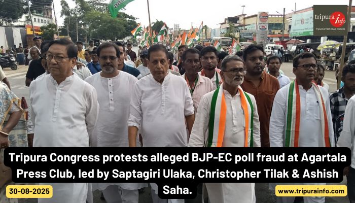 Tripura Congress protests alleged BJP-EC poll fraud at Agartala Press Club, led by Saptagiri Ulaka, Christopher Tilak & Ashish Saha.
