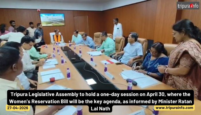 Tripura Legislative Assembly to hold a one-day session on April 30, where the Women’s Reservation Bill will be the key agenda, as informed by Minister Ratan Lal Nath.