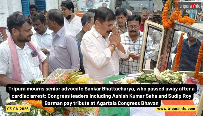 Tripura mourns senior advocate Sankar Bhattacharya, who passed away after a cardiac arrest; Congress leaders including Ashish Kumar Saha and Sudip Roy Barman pay tribute at Agartala Congress Bhavan.