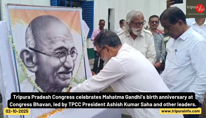 Tripura Pradesh Congress celebrates Mahatma Gandhi’s birth anniversary at Congress Bhavan, led by TPCC President Ashish Kumar Saha and other leaders.