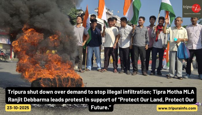 Tripura shut down over demand to stop illegal infiltration; Tipra Motha MLA Ranjit Debbarma leads protest in support of “Protect Our Land, Protect Our Future.”