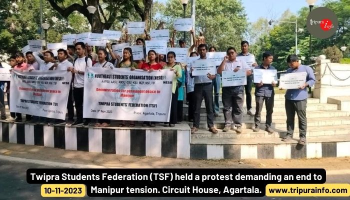 Twipra Students Federation (TSF) held a protest demanding an end to Manipur tension. Circuit House, Agartala.