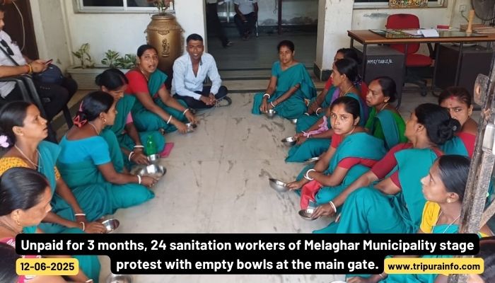 Unpaid for 3 months, 24 sanitation workers of Melaghar Municipality stage protest with empty bowls at the main gate.