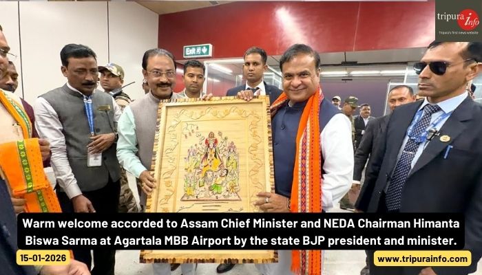 Warm welcome accorded to Assam Chief Minister and NEDA Chairman Himanta Biswa Sarma at Agartala MBB Airport by the state BJP president and minister.