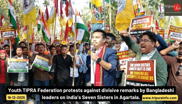 Youth TIPRA Federation protests against divisive remarks by Bangladeshi leaders on India’s Seven Sisters in Agartala.